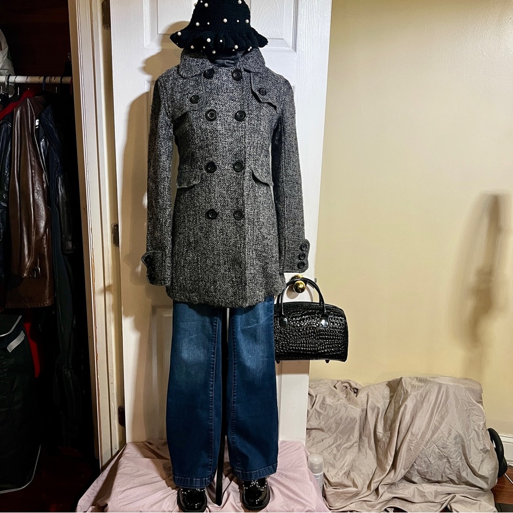 A BYER Women’s Y2K Tweed Boucle Knit Boho Chic Casual Pea Coat M